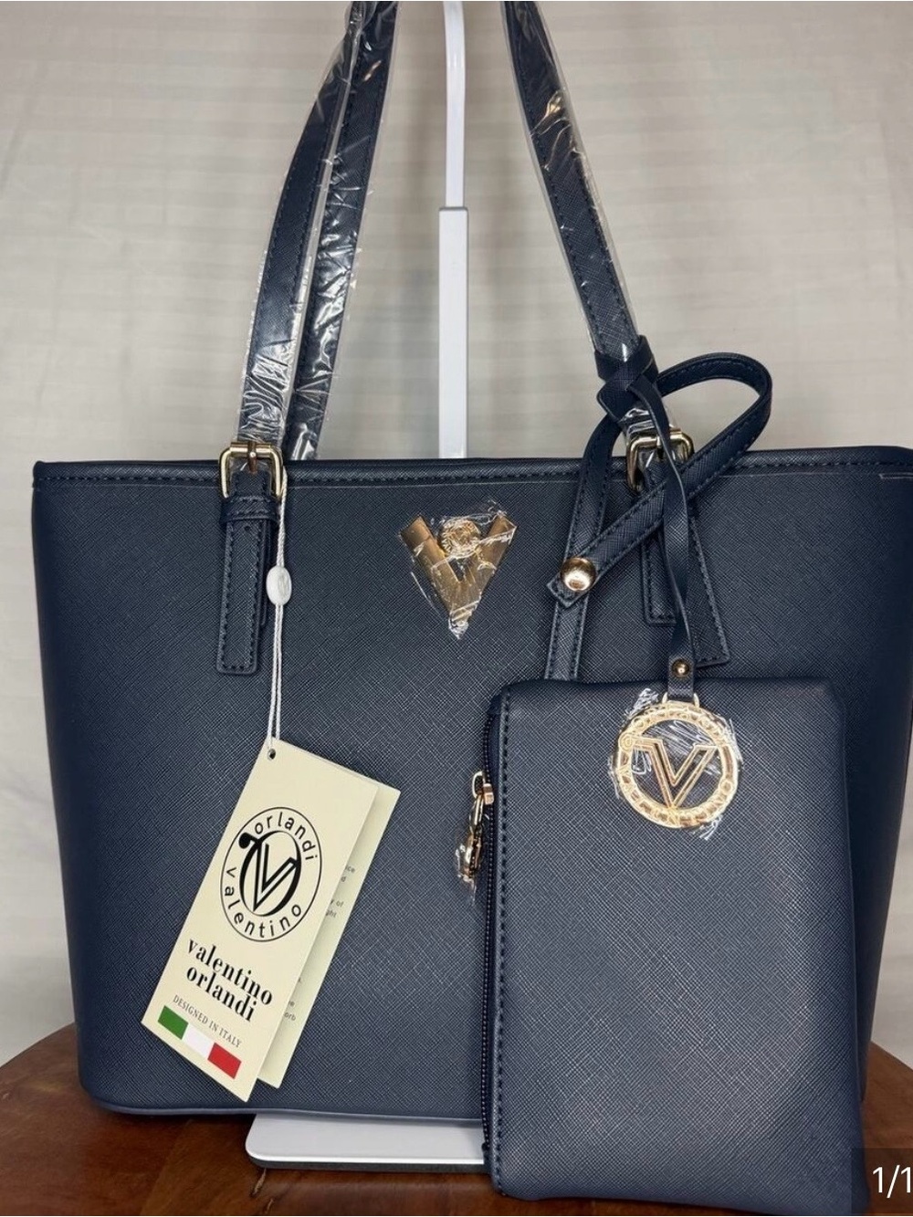 Valentino Orlandi Navy Blue Tote with Gold Hardware and Pouch